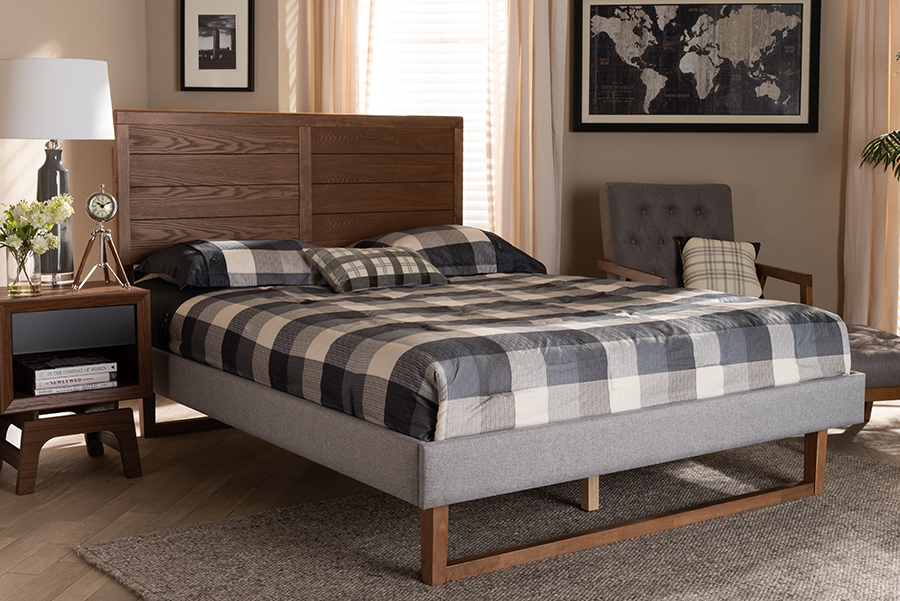 Claudia-Light Grey-Ash Walnut-King Rustic Modern Fabric Upholstered Wood Platform Bed, Light Grey & Ash Walnut Brown - King Size -  Baxton Studio, 193271013920