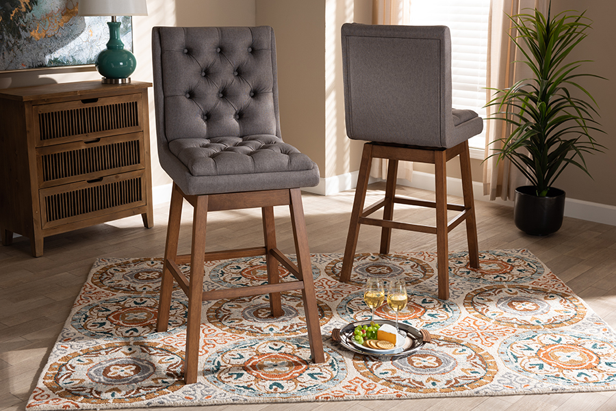 BBT5372-Grey-Walnut-BS Gregory Modern Transitional Fabric Upholstered Wood Swivel Bar Stool Set, Grey & Walnut Brown - 2 Piece -  Baxton Studio, 193271071616