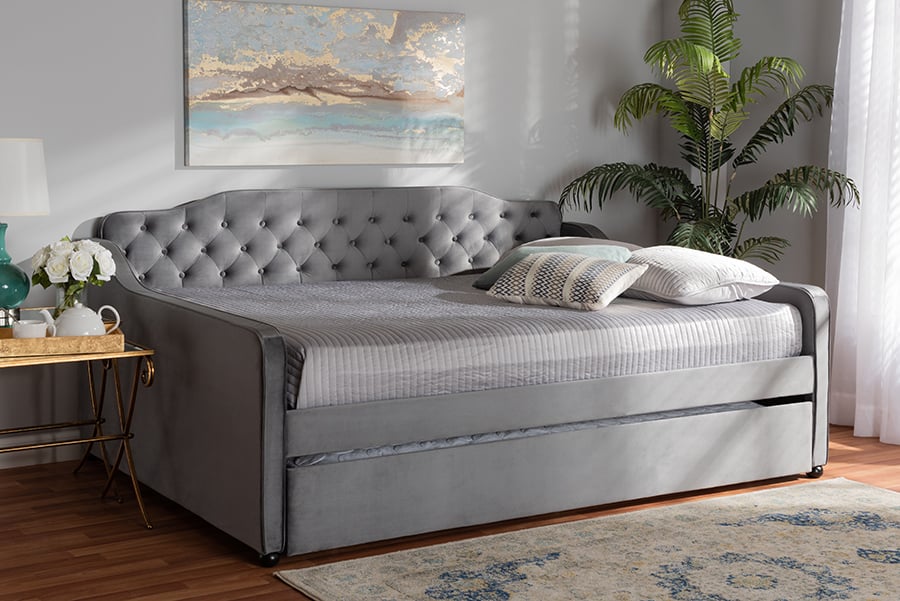 Freda-Grey Velvet-Daybed-F-T Transitional & Contemporary Fabric Upholstered & Button Tufted Daybed With Trundle, Grey Velvet - Full Size -  Baxton Studio, 193271079018