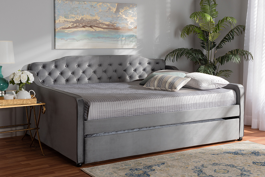 Freda-Grey Velvet-Daybed-Q-T Transitional & Contemporary Fabric Upholstered & Button Tufted Daybed With Trundle, Grey Velvet - Queen Size