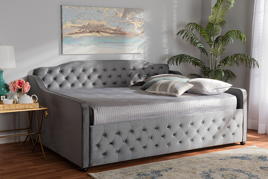 Freda Queen Velvet Daybed - Grey - Contemporary Design - Button Tufted