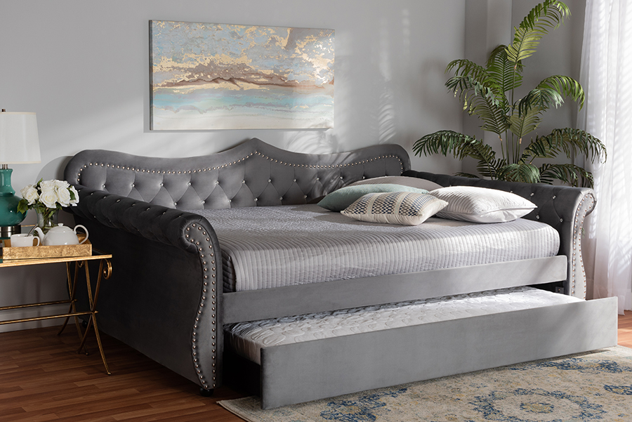 Picture of Baxton Studio Abbie-Grey Velvet-Daybed-Q-T Traditional & Transitional Fabric Upholstered & Crystal Tufted Daybed With Trundle&#44; Grey Velvet - Queen Size