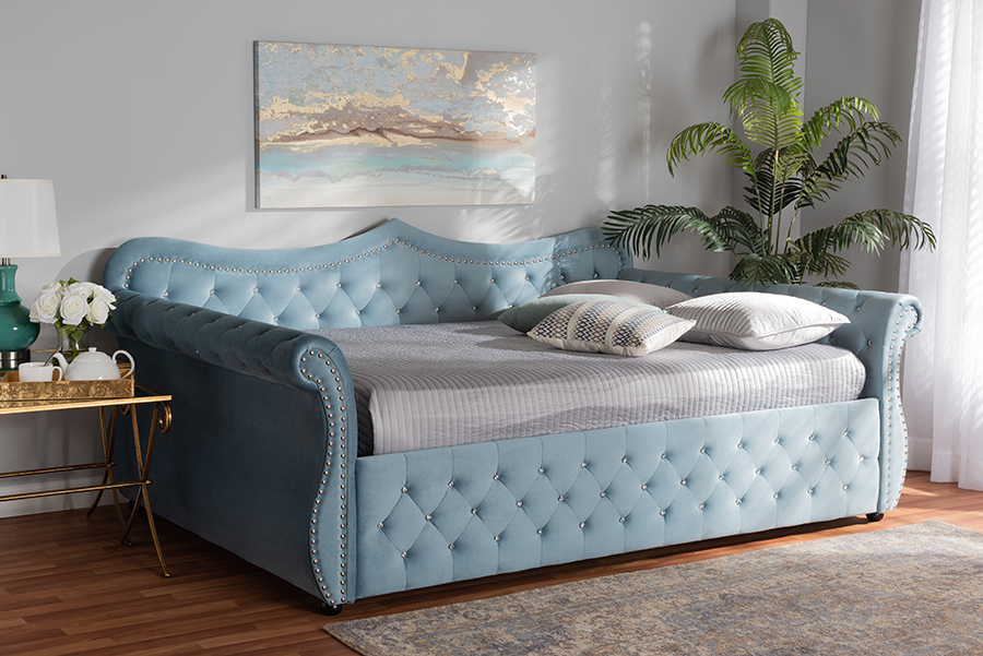 Picture of Baxton Studio Abbie-Light Blue Velvet-Daybed-Queen Traditional & Transitional Fabric Upholstered & Crystal Tufted Daybed&#44; Light Blue Velvet - Queen Size