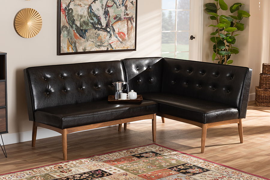 BBT8051-Dark Brown-Walnut-2PC SF Bench Arvid Mid-Century Modern Faux Leather Upholstered Wood Dining Corner Sofa Bench, Dark Brown - 2 Piece