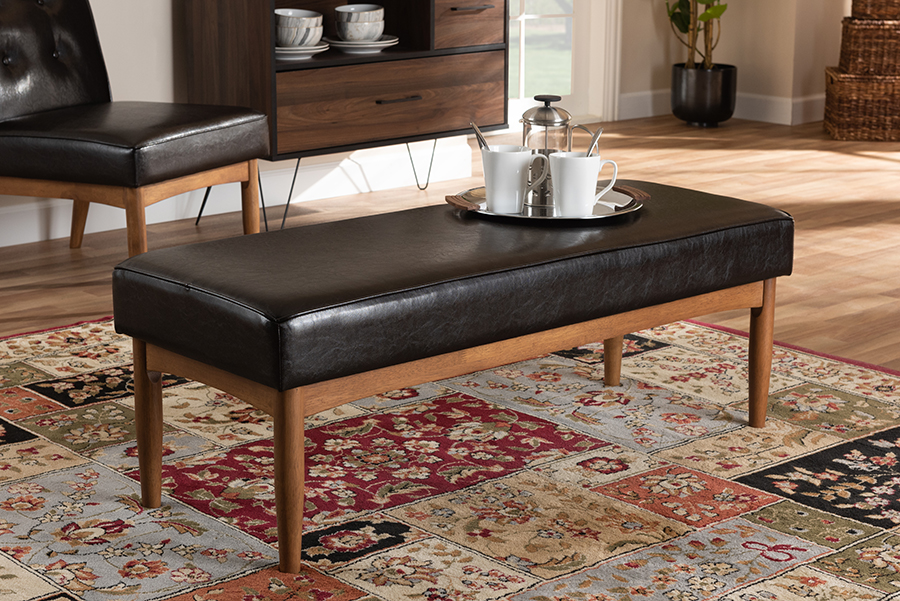 BBT8051-Dark Brown-Walnut-Bench Arvid Mid-Century Modern Faux Leather Upholstered Wood Dining Bench, Dark Brown -  Baxton Studio, 193271083428