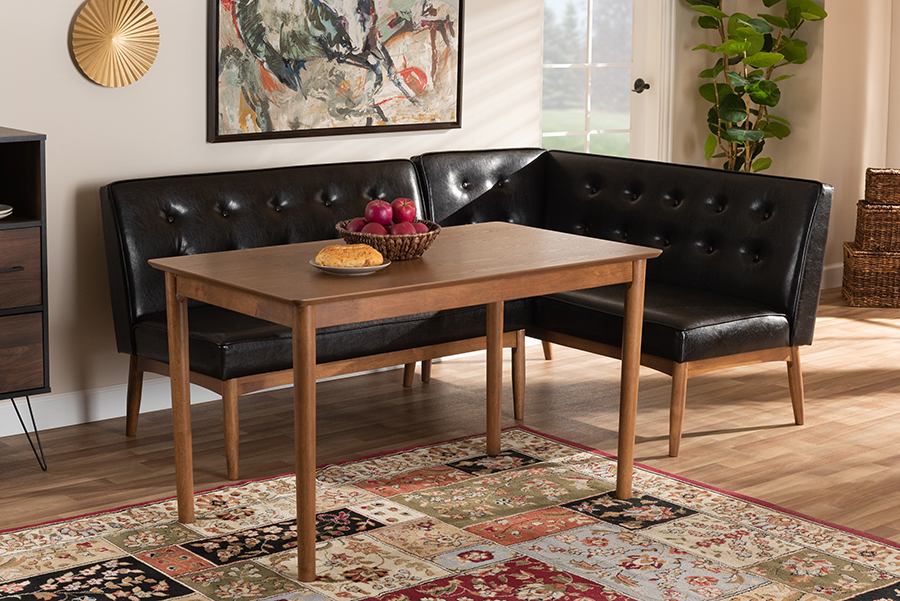 BBT8051-Dark Brown-Walnut-3PC Dining Nook Set Arvid Mid-Century Modern Faux Leather Upholstered Wood Dining Nook Set, Dark Brown - 3 Piece -  Baxton Studio, 193271083435