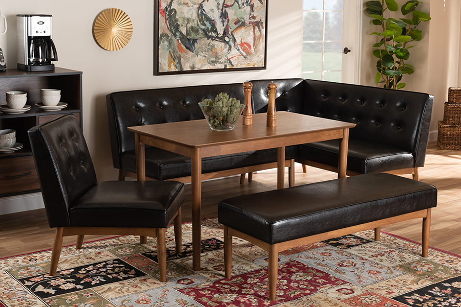 BBT8051-Dark Brown-Walnut-5PC Dining Nook Set Arvid Mid-Century Modern Faux Upholstered Leather Wood Dining Nook Set, Dark Brown - 5 Piece -  Baxton Studio, 193271083459