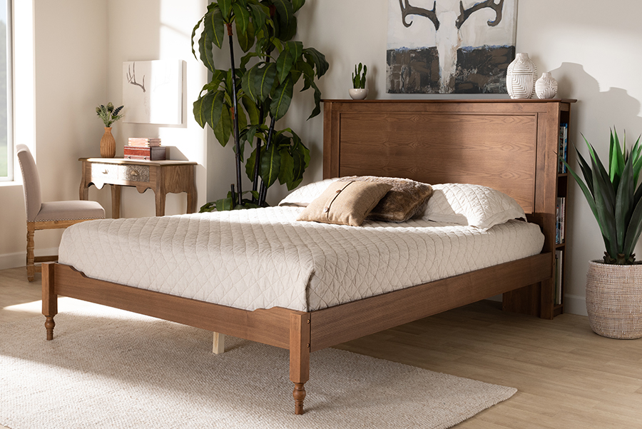 MG0018-Ash Walnut-King Danielle Traditional & Transitional Wood Platform Storage Bed With Built-in Shelves, Rustic Ash Walnut Brown - King Size