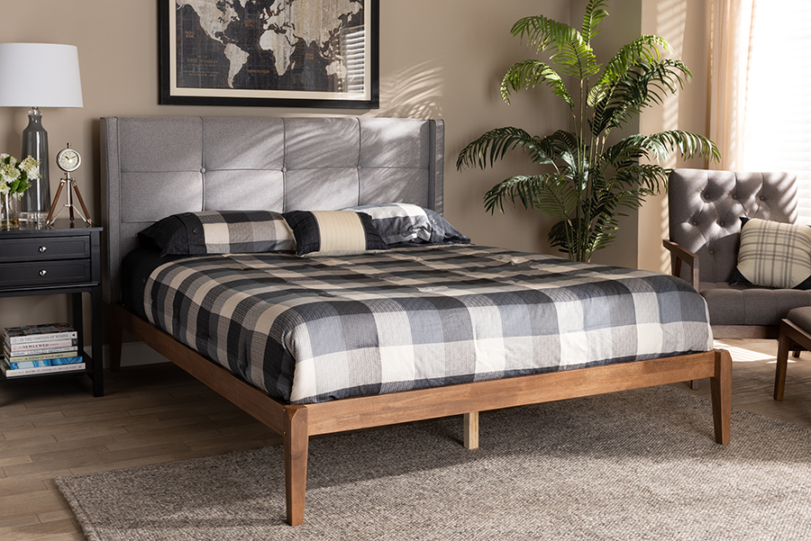 MG0019-Grey-Ash Walnut-King Edmond Modern & Contemporary Fabric Upholstered Wood Platform Bed, Grey & Ash Walnut Brown - King Size -  Baxton Studio, 193271102082