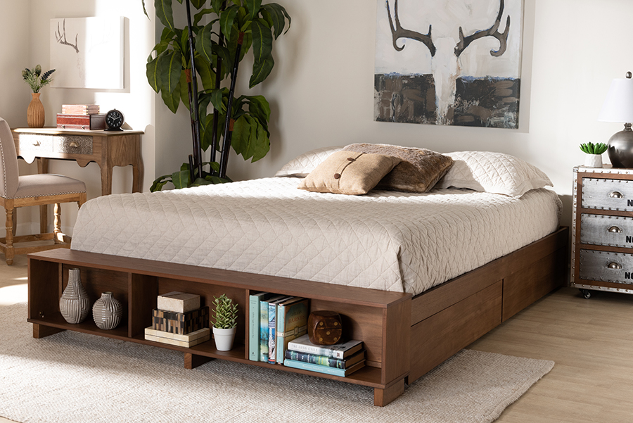 MG6001-1S-Ash Walnut-4DW-King Arthur Modern Wood Platform Bed With Built-in Shelves, Rustic Ash Walnut Brown - King Size