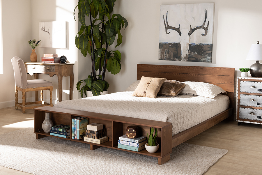 MG0017-Ash Walnut-Queen Regina Modern Wood Platform Storage Bed With Built-in Shelves, Rustic Ash Walnut Brown - Queen Size