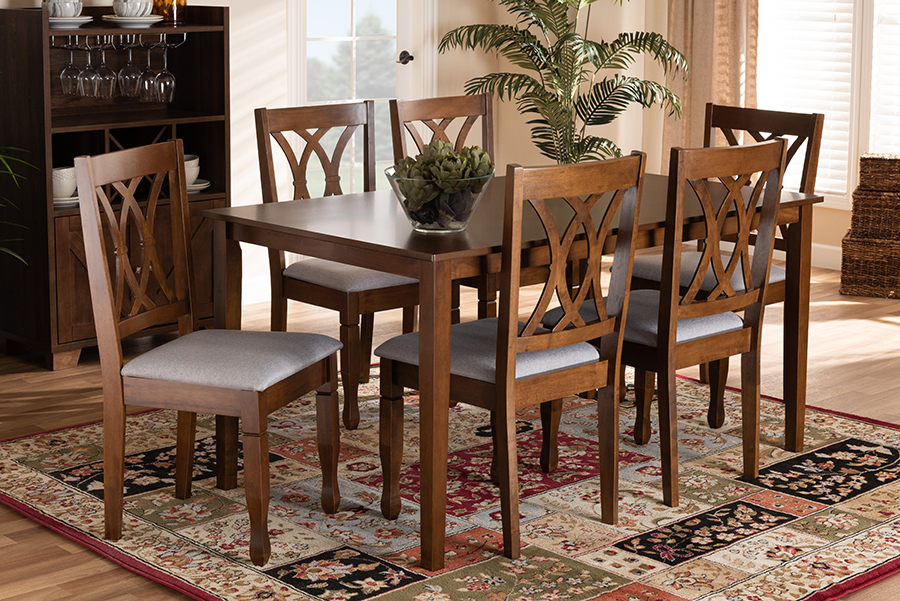 RH316C-Grey-Walnut-7PC Dining Set Augustine Modern & Contemporary Fabric Upholstered Wood Dining Set, Grey & Walnut Brown