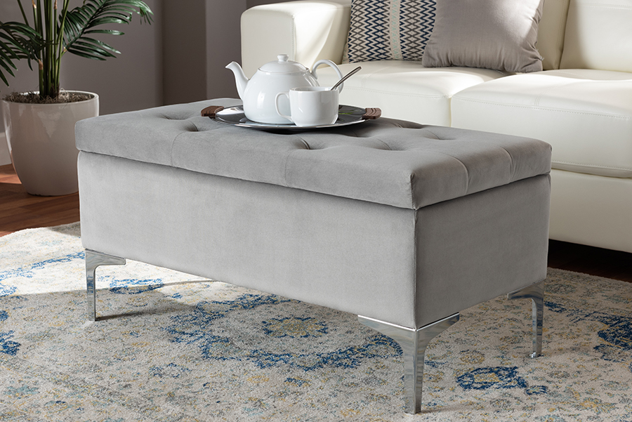 WS-20093-Grey Velvet-Silver-Otto Mabel Modern & Contemporary Transitional Fabric Upholstered Storage Ottoman, Grey Velvet & Silver