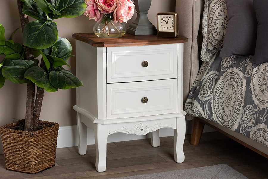 Picture of Baxton Studio JY-132054-2 DW NS Darlene Classic & Traditional French Wood 2-Drawer Nightstand&#44; White & Cherry Brown
