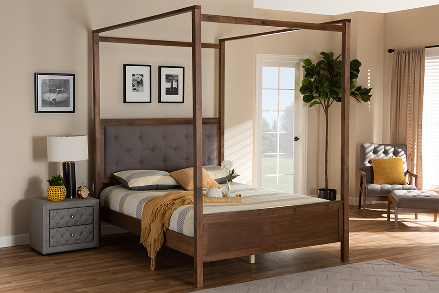 MG0021-Gray-Walnut-King Natasha Modern & Contemporary Fabric Upholstered Wood Platform Canopy Bed, Grey & Walnut Brown - King Size -  Baxton Studio, 193271113637