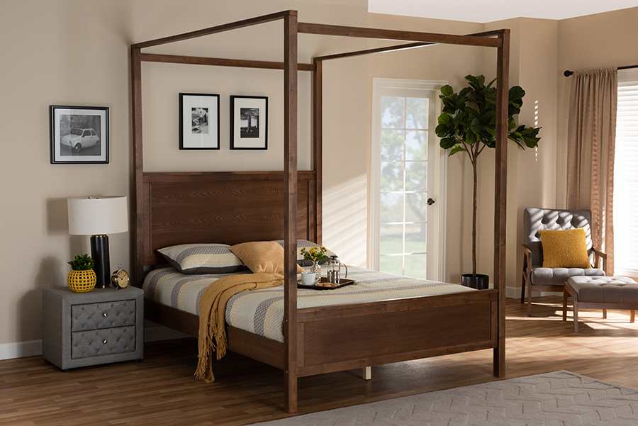MG0021-1-Walnut-Queen Veronica Modern & Contemporary Wood Platform Canopy Bed, Walnut Brown - Queen Size