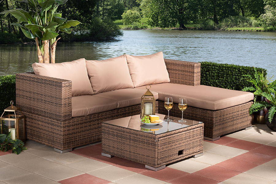 Picture of Baxton Studio MLM-210516-Brown Addison Modern & Contemporary Upholstered Woven Rattan Outdoor Patio Set with Adjustable Recliner&#44; Light Brown & Brown - 3 Piece
