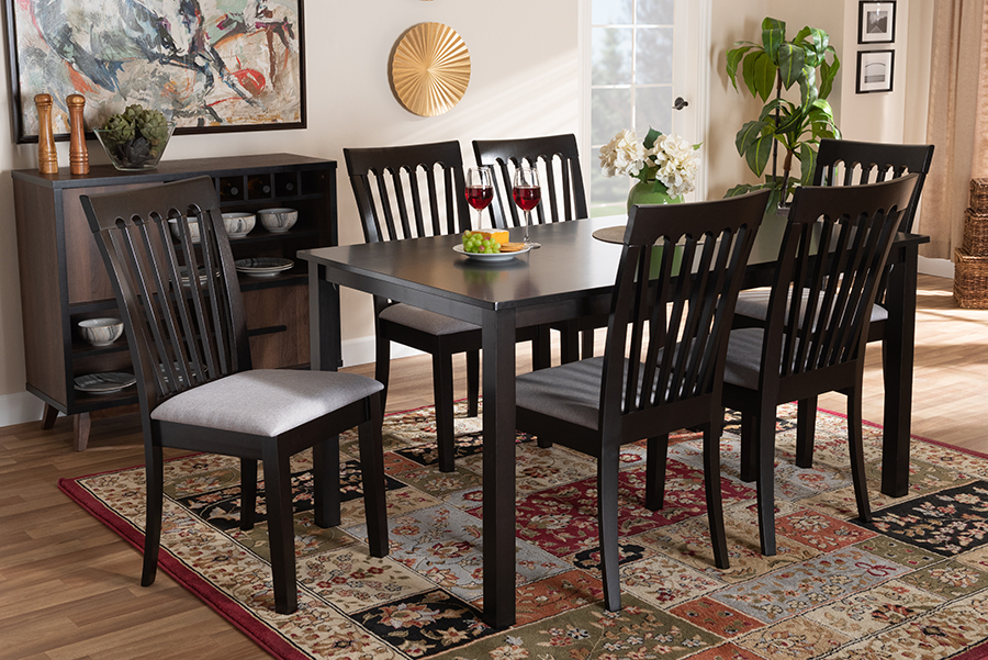 RH319C-Grey-Dark Brown-7PC Dining Set Baxton Studio Minette Gray Fabric & Espresso Brown Wood Dining Set - 7 Piece