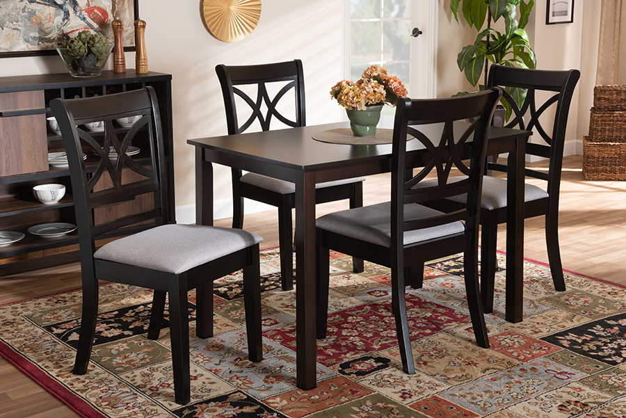 RH329C-Grey-Dark Brown-5PC Dining Set Baxton Studio Clarke Grey Fabric Upholstered & Espresso Brown Finished Wood Dining Set - 5 Piece