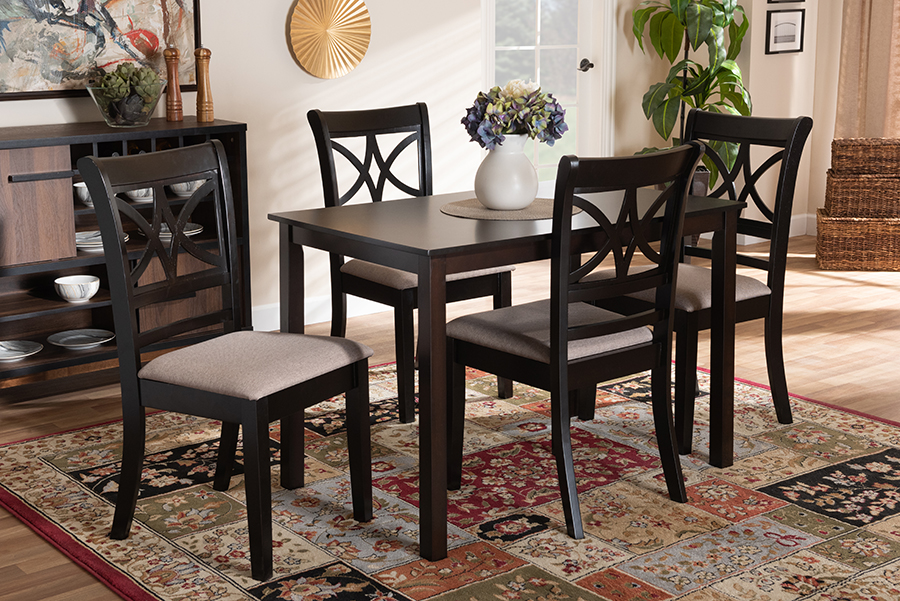 RH329C-Sand-Dark Brown-5PC Dining Set Baxton Studio Clarke Sand Fabric Upholstered & Espresso Brown Finished Wood Dining Set - 5 Piece