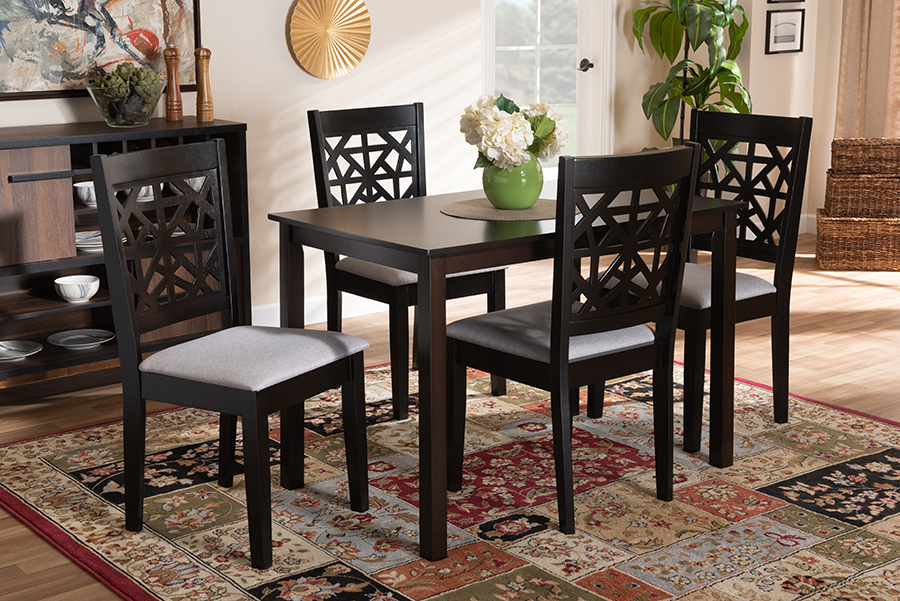 RH310C-Grey-Dark Brown-5PC Dining Set Baxton Studio Jackson Grey Fabric Upholstered & Espresso Brown Finished Wood Dining Set - 5 Piece
