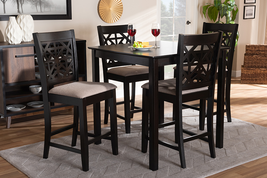 RH310P-Sand-Dark Brown-5PC Pub Set Baxton Studio Devon Sand Fabric Upholstered & Espresso Brown Finished Wood Pub Dining Set - 5 Piece