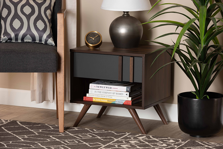LV15ST15240-Columbia-Dark Grey-NS Baxton Studio Naoki Modern & Contemporary Two-Tone Grey & Walnut Finished Wood 1-Drawer Nightstand