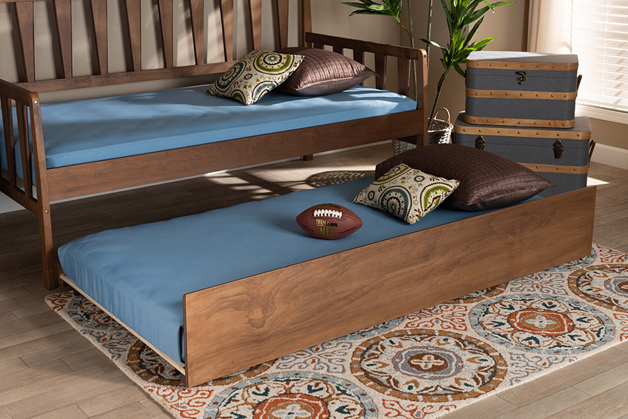 MG0046-1-Walnut-Trundle Baxton Studio Midori Modern & Contemporary Transitional Walnut Brown Finished Wood Twin Size Trundle Bed