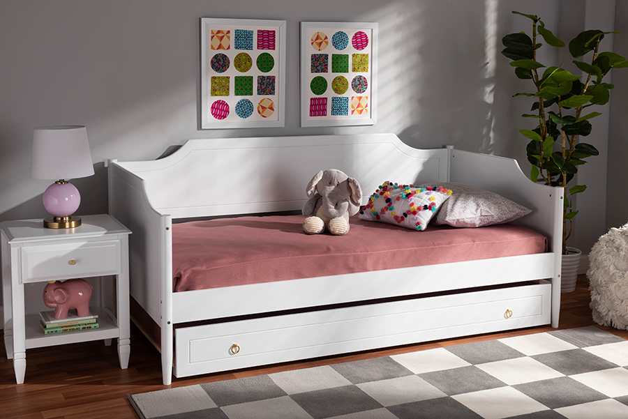 MG0016-1-White-Daybed with Trundle Baxton Studio Alya Classic Traditional Farmhouse White Finished Wood Twin Size Daybed with Roll-Out Trundle Bed