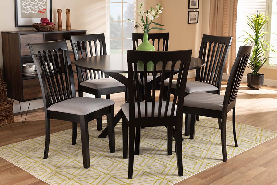 Lore-Grey-Dark Brown-7PC Dining Set Baxton Studio Lore Modern & Contemporary Grey Fabric Upholstered & Dark Brown Finished Wood Dining Set - 7 Piece