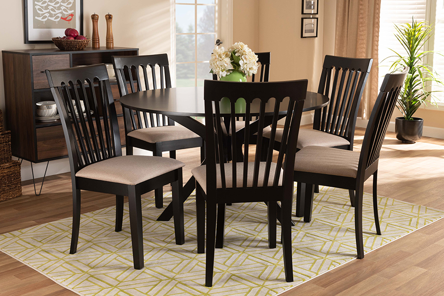 Lore-Sand-Dark Brown-7PC Dining Set Baxton Studio Lore Modern & Contemporary Sand Fabric Upholstered & Dark Brown Finished Wood Dining Set - 7 Piece