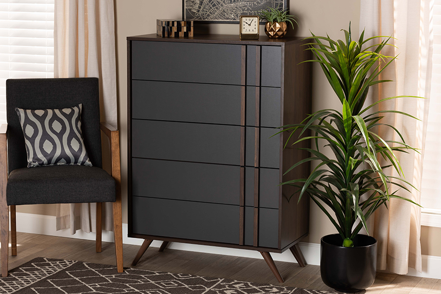 LV15COD15230-Columbia-Dark Grey-5DW-Chest Baxton Studio Naoki Modern & Contemporary Two-Tone Grey & Walnut Finished Wood 5-Drawer Bedroom Chest