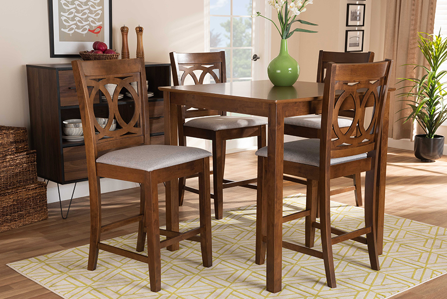 RH315P-Grey-Walnut-5PC Pub Set Baxton Studio Lenoir Modern & Contemporary Grey Fabric Upholstered Walnut Brown Finished Wood Pub Set - 5 Piece