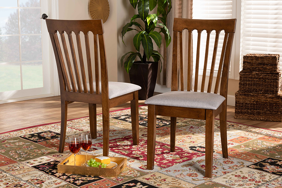 RH319C-Grey-Walnut-DC-2PK Baxton Studio Minette Modern & Contemporary Grey Fabric Upholstered Walnut Brown Finished Wood Dining Chair Set - 2 Piece