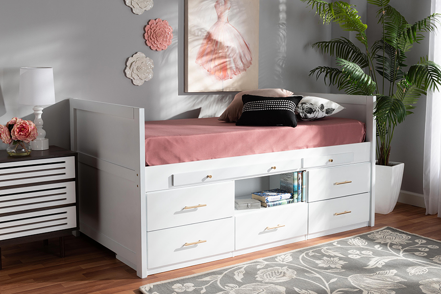 MG0041-White-Twin Baxton Studio Mirza Modern & Contemporary White Finished Wood 5-Drawer Storage Bed with Pull-Out Desk - Twin Size