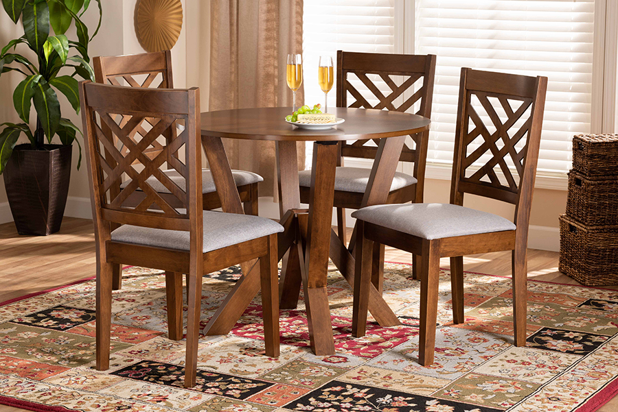 Elise-Grey-Walnut-5PC Dining Set Baxton Studio Elise Modern & Contemporary Grey Fabric Upholstered & Walnut Brown Finished Wood Dining Set - 5 Piece -  Wholesale Interiors, 193271149834