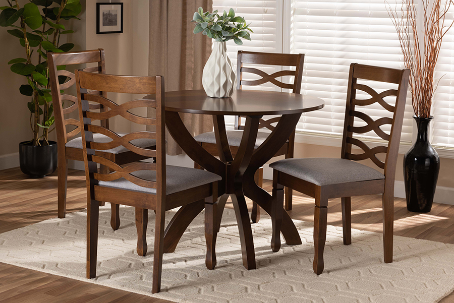 Aspen-Grey-Walnut-5PC Dining Set Baxton Studio Aspen Modern & Contemporary Grey Fabric Upholstered & Walnut Brown Finished Wood Dining Set - 5 Piece -  Wholesale Interiors, 193271150175