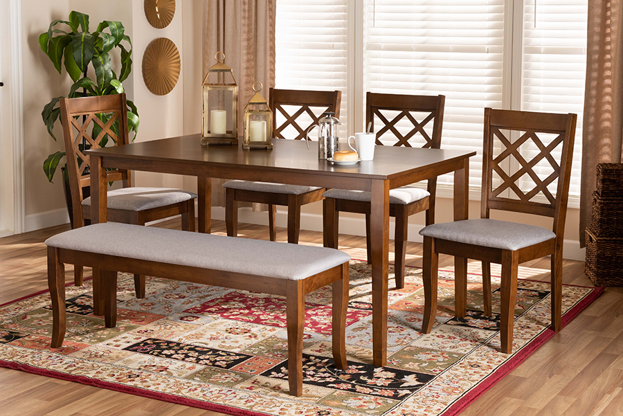 RH330C-Grey-Walnut-6PC Dining Set Baxton Studio Andor Modern & Contemporary Grey Fabric Upholstered & Walnut Brown Finished Wood Dining Set - 6 Piece