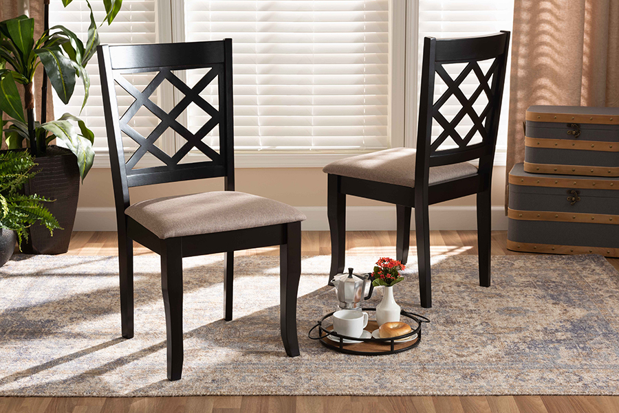 RH330C-Sand-Dark Brown-DC-2PK Baxton Studio Verner Modern & Contemporary Sand Fabric Upholstered Dark Brown Finished Wood Dining Chair Set - 2 Piece