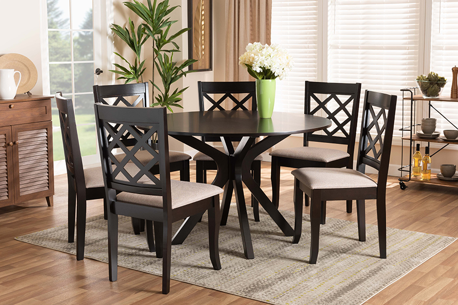 Jana-Sand-Dark Brown-7PC Dining Set Baxton Studio Jana Modern & Contemporary Sand Fabric Upholstered & Dark Brown Finished Wood Dining Set - 7 Piece