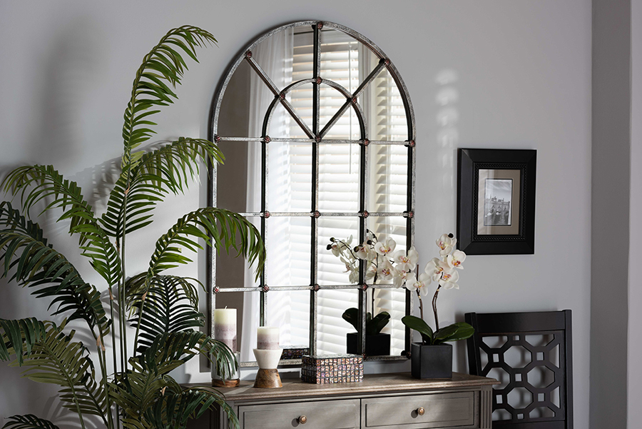 RTB1358-2 Baxton Studio Newman Vintage Farmhouse Antique Silver Finished Arched Window Accent Wall Mirror