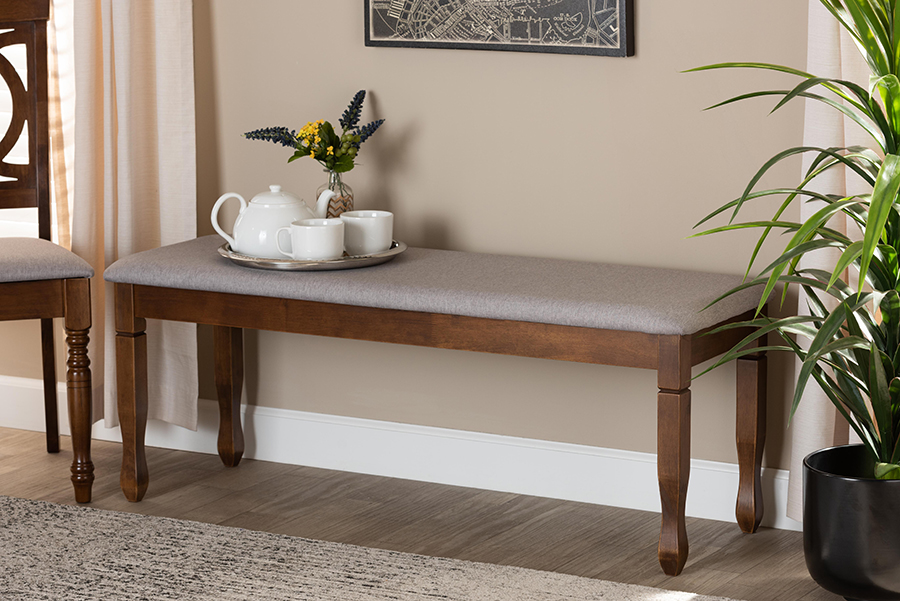 RH039-Grey-Walnut-Dining Bench Baxton Studio Corey Modern & Contemporary Grey Fabric Upholstered & Walnut Brown Finished Wood Dining Bench
