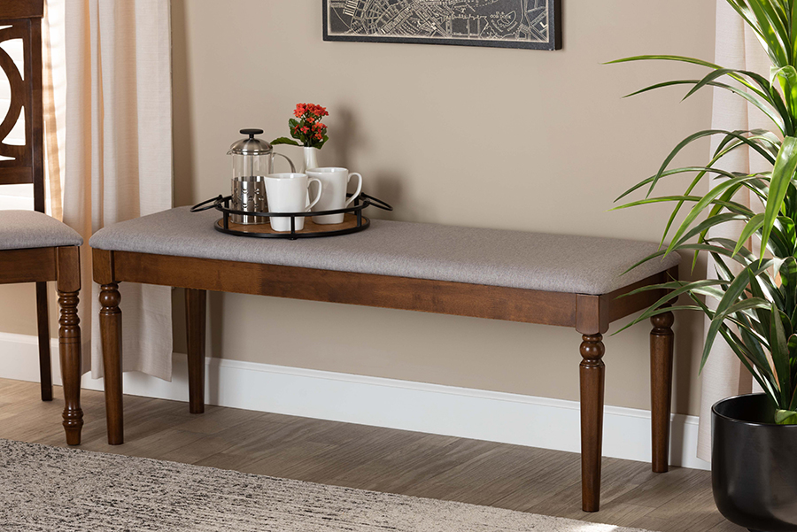 RH038-Grey-Walnut-Dining Bench Baxton Studio Giovanni Modern & Contemporary Grey Fabric Upholstered & Walnut Brown Finished Wood Dining Bench
