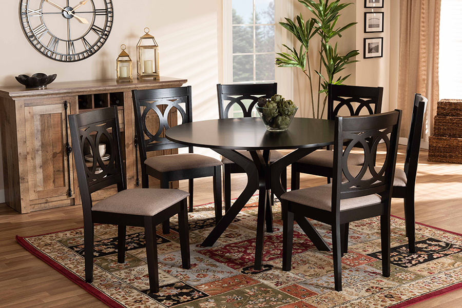 Sanne-Sand-Dark Brown-7PC Dining Set Baxton Studio Sanne Modern & Contemporary Sand Fabric Upholstered Dining Set - Dark Brown, Wood - 7 Piece