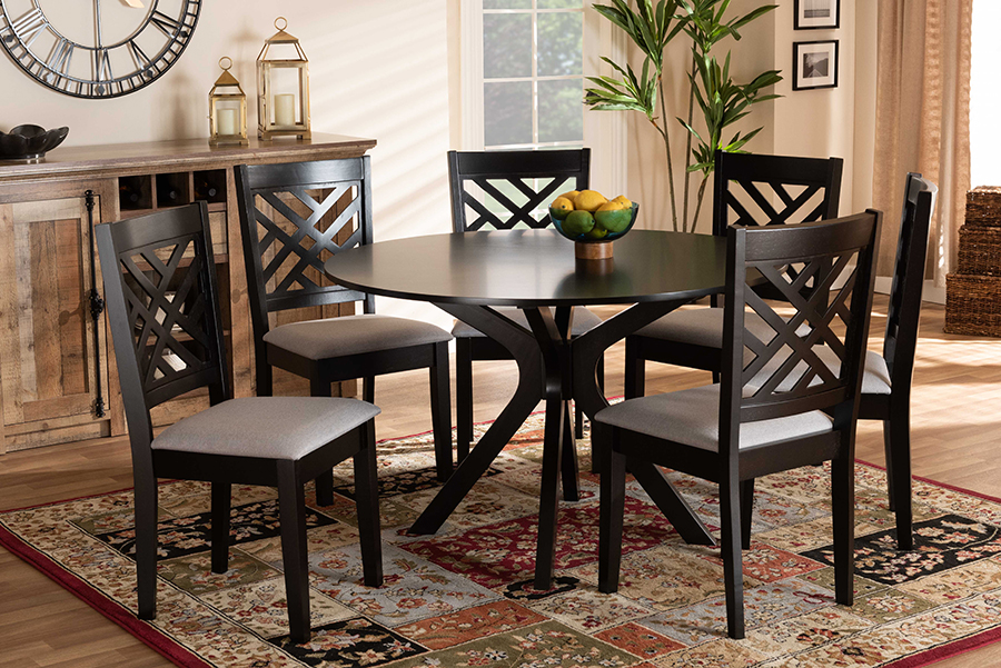 Norah-Grey-Dark Brown-7PC Dining Set Baxton Studio Norah Modern & Contemporary Grey Fabric Upholstered Dining Set - Dark Brown, Wood - 7 Piece