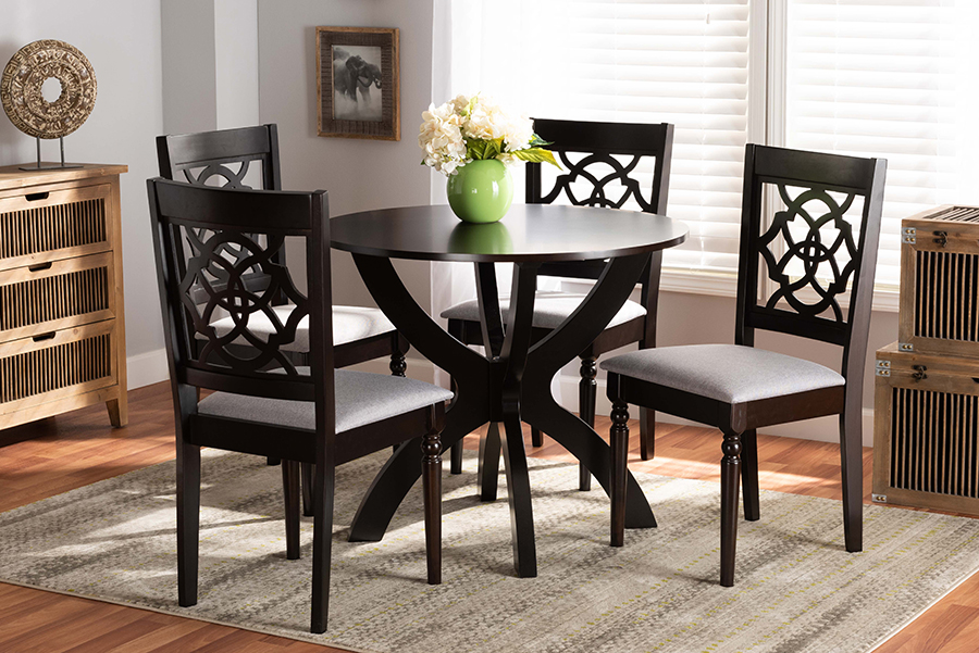 Tonia-Grey-DarkBrown-5PCDiningSet Baxton Studio Grey Fabric & Dark Brown Finished Wood Dining Set - 5 Piece