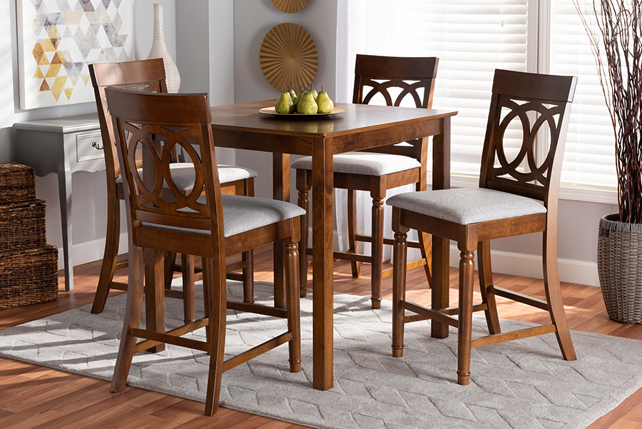 RH323P-Grey-Walnut-5PC Pub Set Baxton Studio Verina Modern & Contemporary Grey Fabric Upholstered Walnut Browned Wood Pub Set - 5-Piece