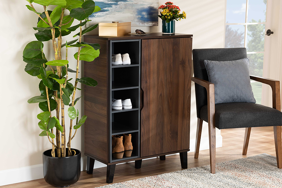 SESC16104-Columbia-Shoe Cabinet Baxton Studio Idina Mid-Century Modern Wood 1-Door Shoe Cabinet, Two-Tone Walnut Brown & Grey