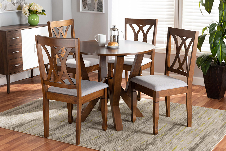 Irene-Grey-Walnut-5PC Dining Set Baxton Studio Irene Modern & Contemporary Grey Fabric Upholstered & Walnut Brown Finished Wood Dining Set - 5 Piece -  Wholesale Interiors, 193271149827