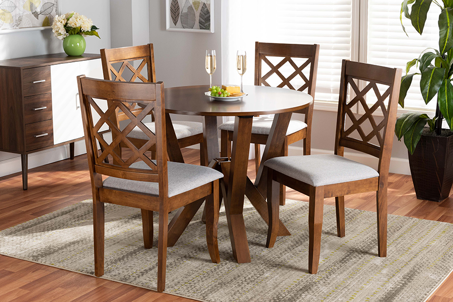 Zoe-Grey-Walnut-5PC Dining Set Baxton Studio Zoe Modern & Contemporary Grey Fabric Upholstered & Walnut Brown Finished Wood Dining Set - 5 Piece -  Wholesale Interiors, 193271149865